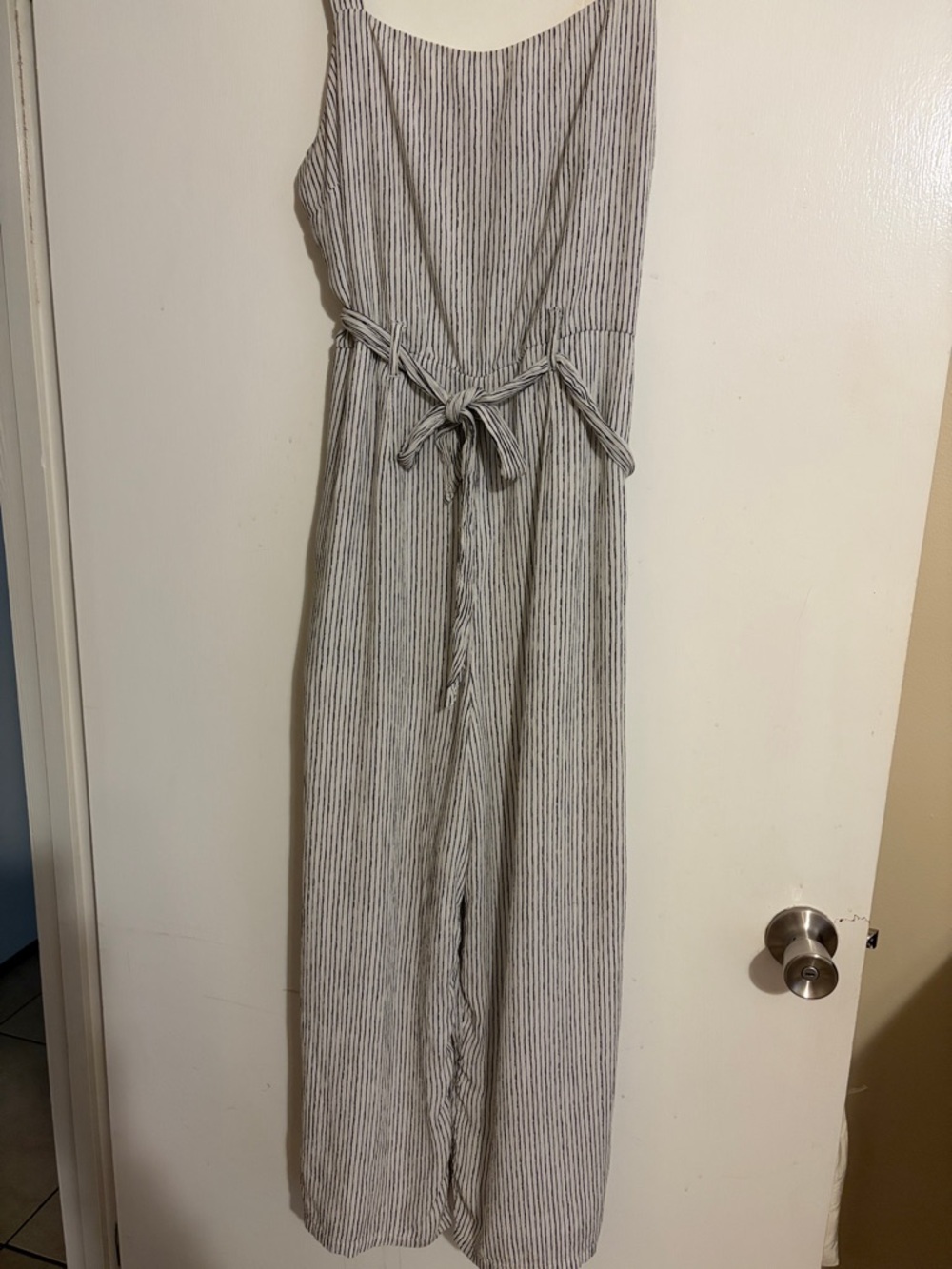 American Eagle Striped Sleeveless Jumpsuit with Tie Waist - Gray/White